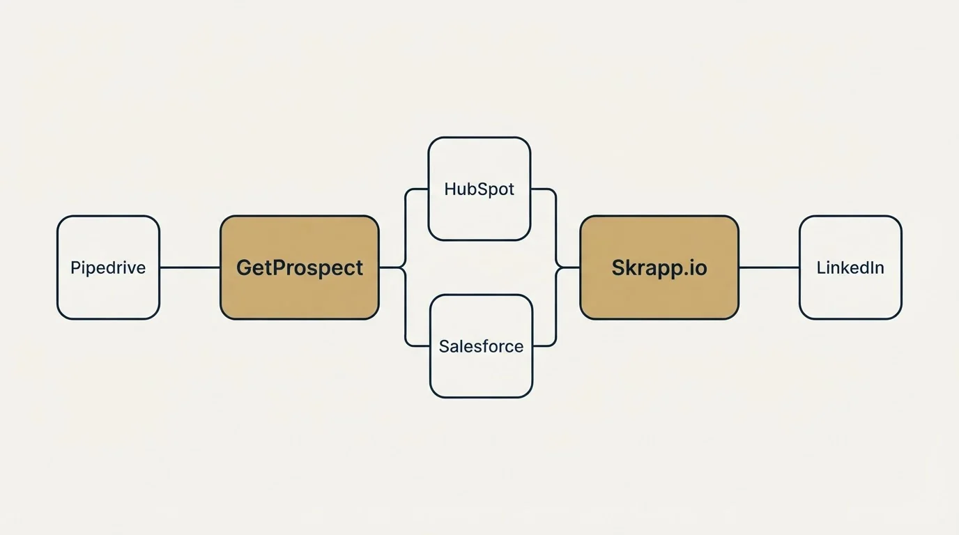 Integration flow: Integration Ecosystem (GetProspect, Skrapp.io, HubSpot, Salesforce)