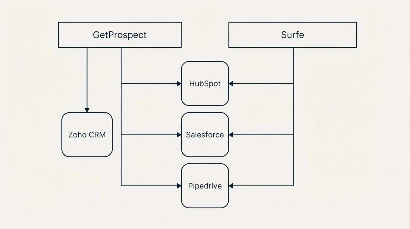 Integration grid: Integration Ecosystem (GetProspect, Surfe, HubSpot, Salesforce)