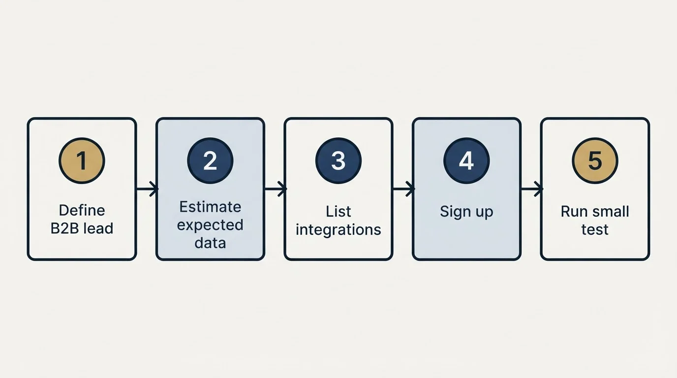 Step sequence: Getting Started Checklist (Define B2B lead, Estimate expected data, List integrations, Sign up)