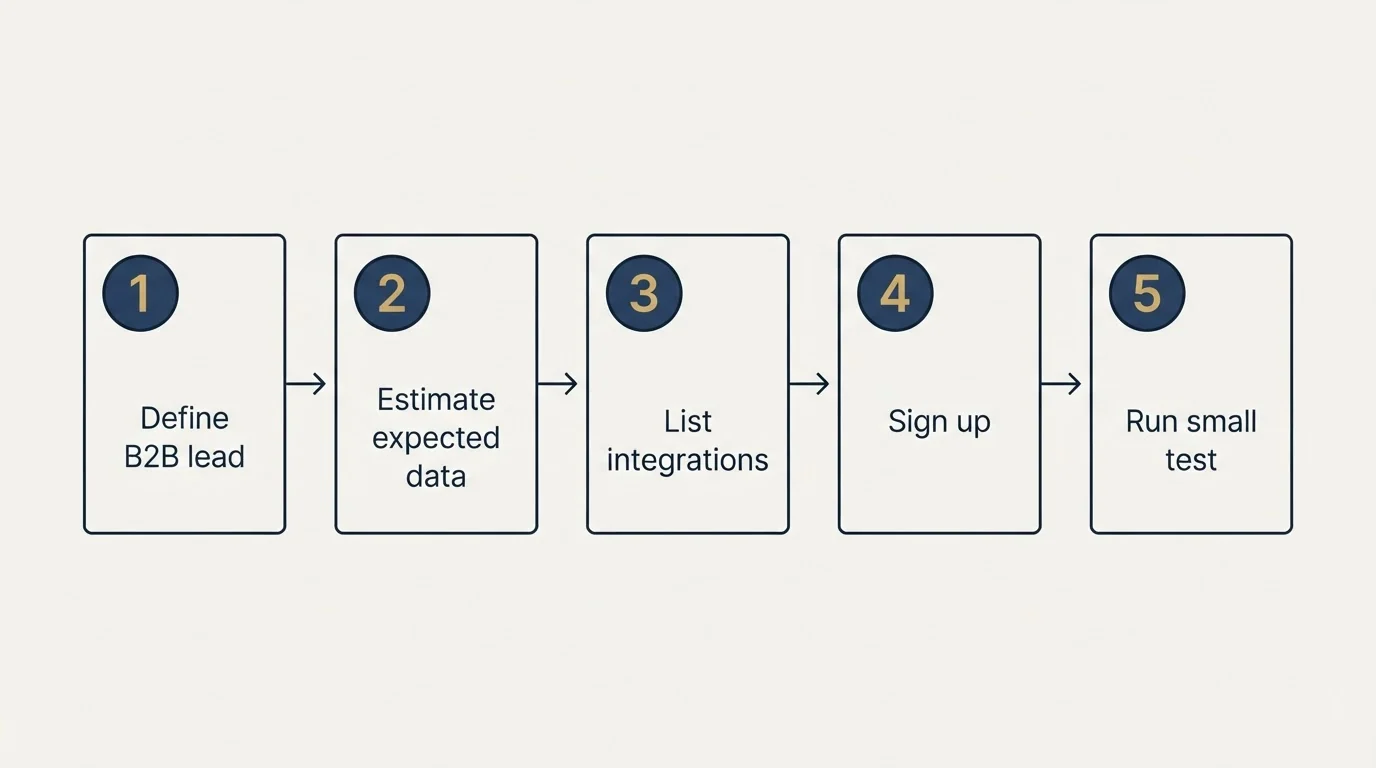 Step sequence: Getting Started Checklist (Define B2B lead, Estimate expected data, List integrations, Sign up)