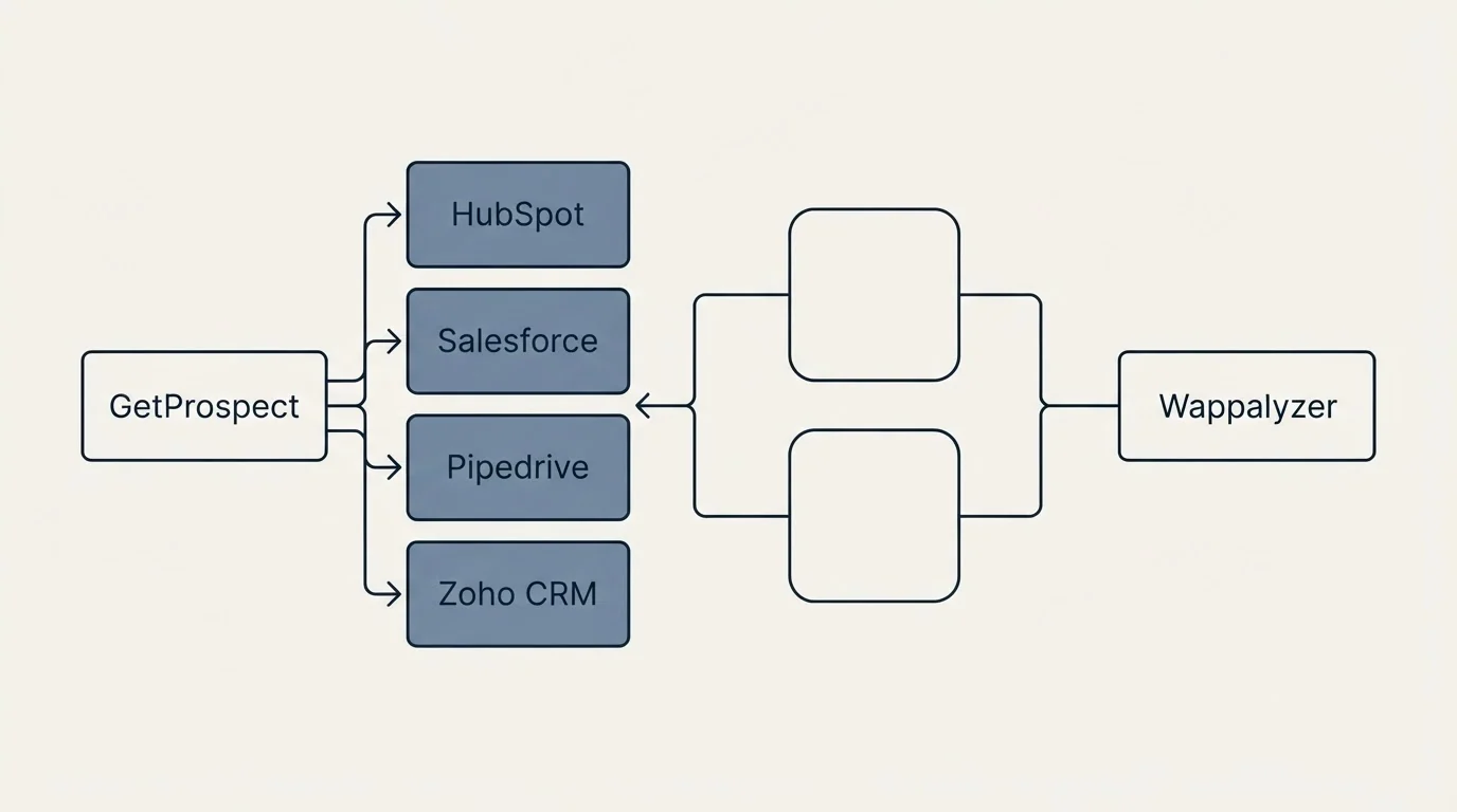 Integration flow: Integration Ecosystem (GetProspect, Wappalyzer, HubSpot, Salesforce)