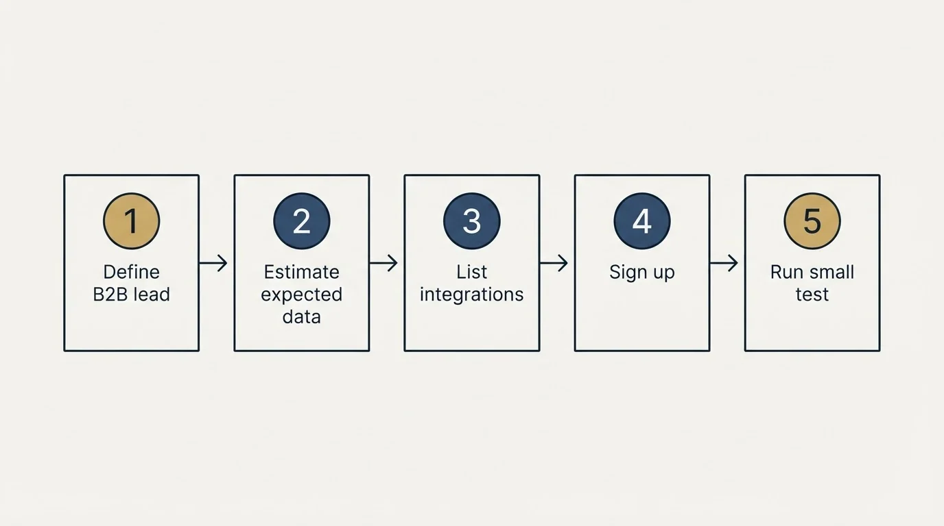 Step sequence: Getting Started Checklist (Define B2B lead, Estimate expected data, List integrations, Sign up)