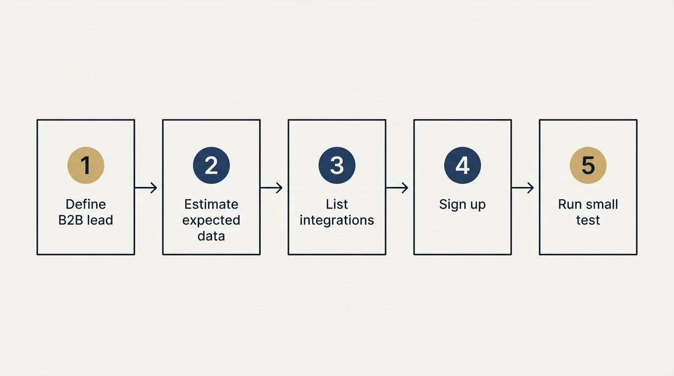 Step sequence: Getting Started Checklist (Define B2B lead, Estimate expected data, List integrations, Sign up)