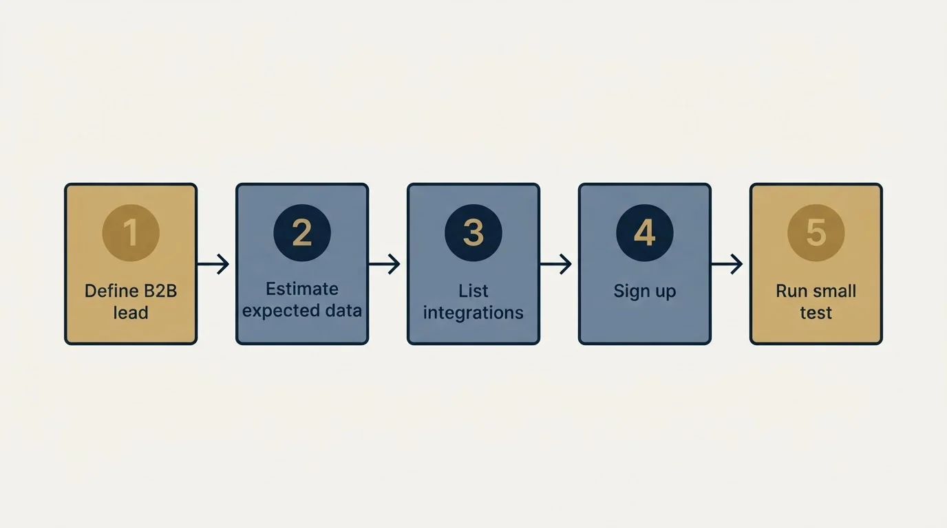 Step sequence: Getting Started Checklist (Define B2B lead, Estimate expected data, List integrations, Sign up)