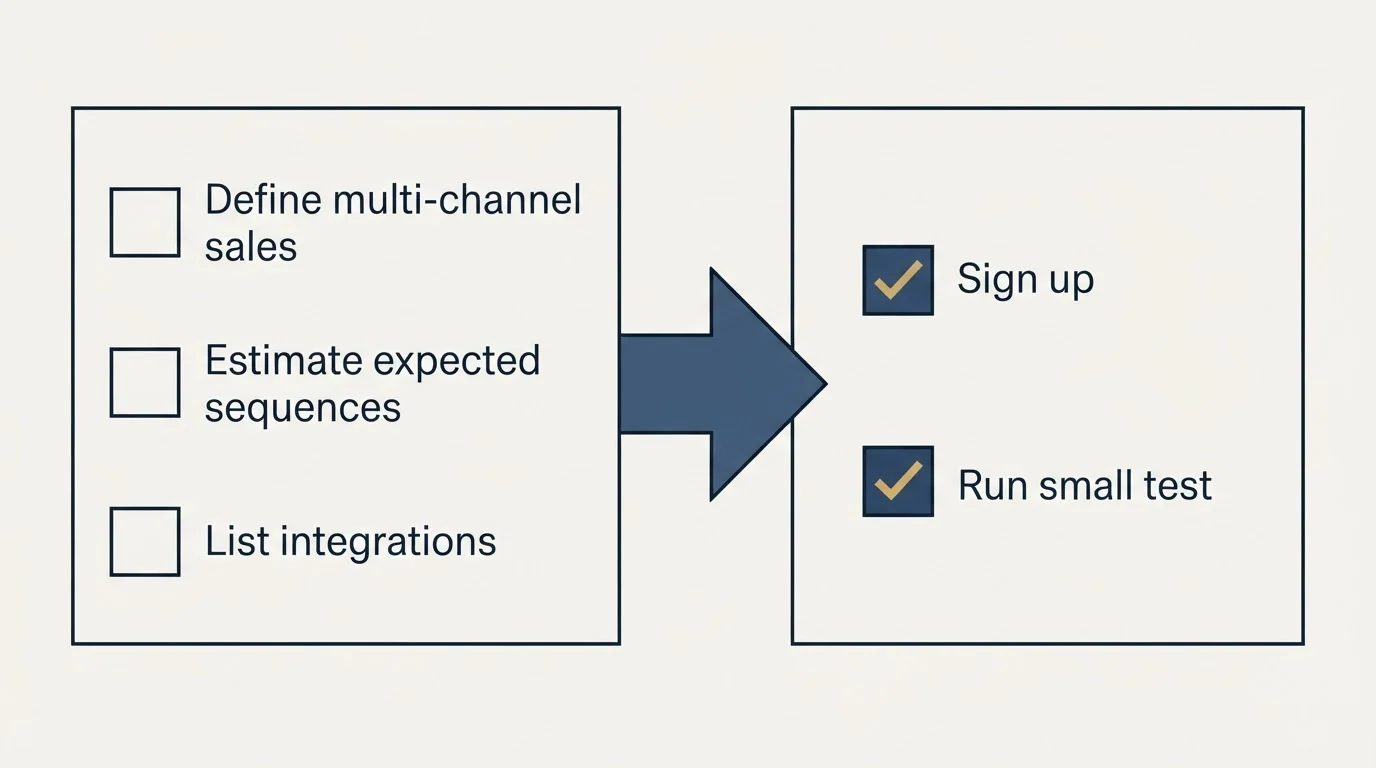 Before-and-after steps: Getting Started Checklist (Define multi-channel sales, Estimate expected sequences, List integrations, Sign up)
