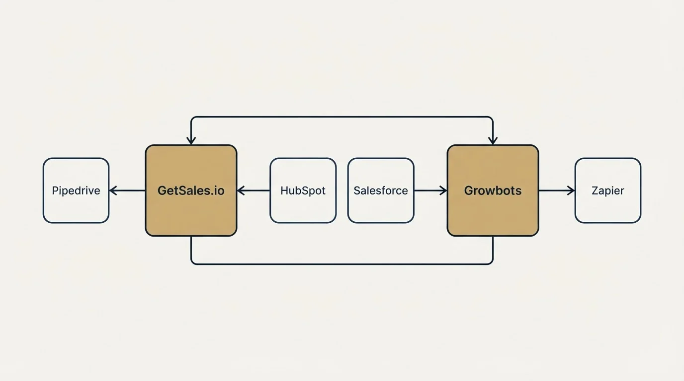 Integration schematic: Integration Ecosystem (GetSales.io, Growbots, HubSpot, Salesforce)