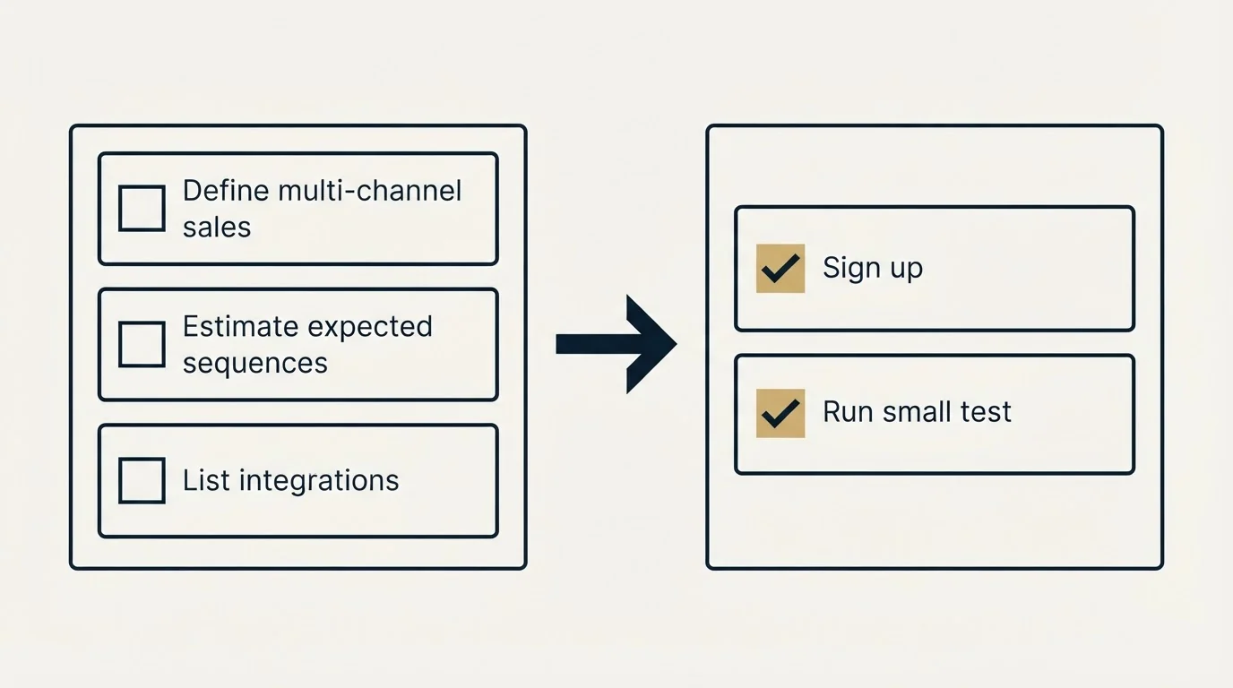 Before-and-after steps: Getting Started Checklist (Define multi-channel sales, Estimate expected sequences, List integrations, Sign up)