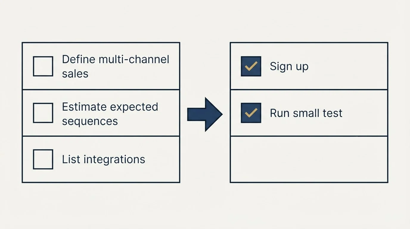 Before-and-after steps: Getting Started Checklist (Define multi-channel sales, Estimate expected sequences, List integrations, Sign up)