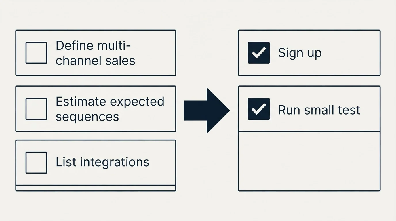 Before-and-after steps: Getting Started Checklist (Define multi-channel sales, Estimate expected sequences, List integrations, Sign up)