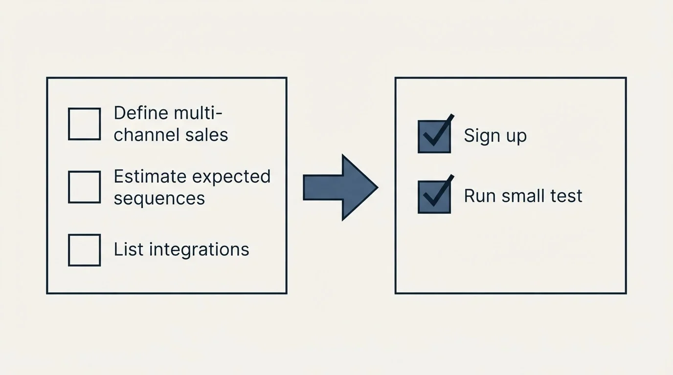 Before-and-after steps: Getting Started Checklist (Define multi-channel sales, Estimate expected sequences, List integrations, Sign up)