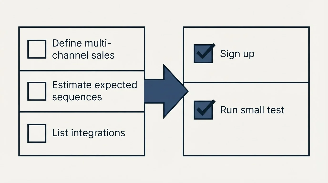 Before-and-after steps: Getting Started Checklist (Define multi-channel sales, Estimate expected sequences, List integrations, Sign up)