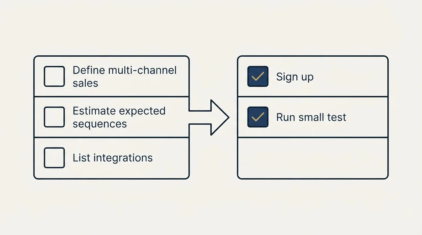 Before-and-after steps: Getting Started Checklist (Define multi-channel sales, Estimate expected sequences, List integrations, Sign up)
