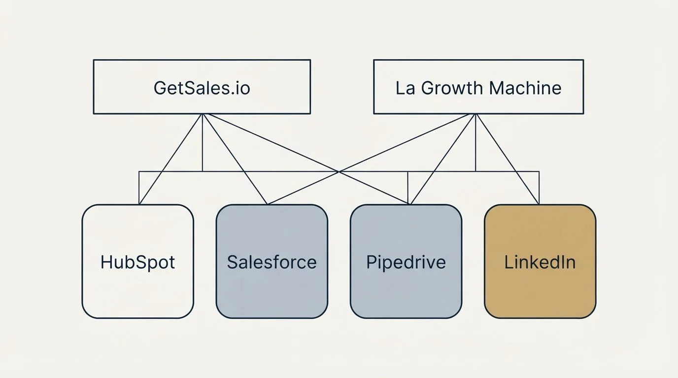 Integration grid: Integration Ecosystem (GetSales.io, La Growth Machine, HubSpot, Salesforce)
