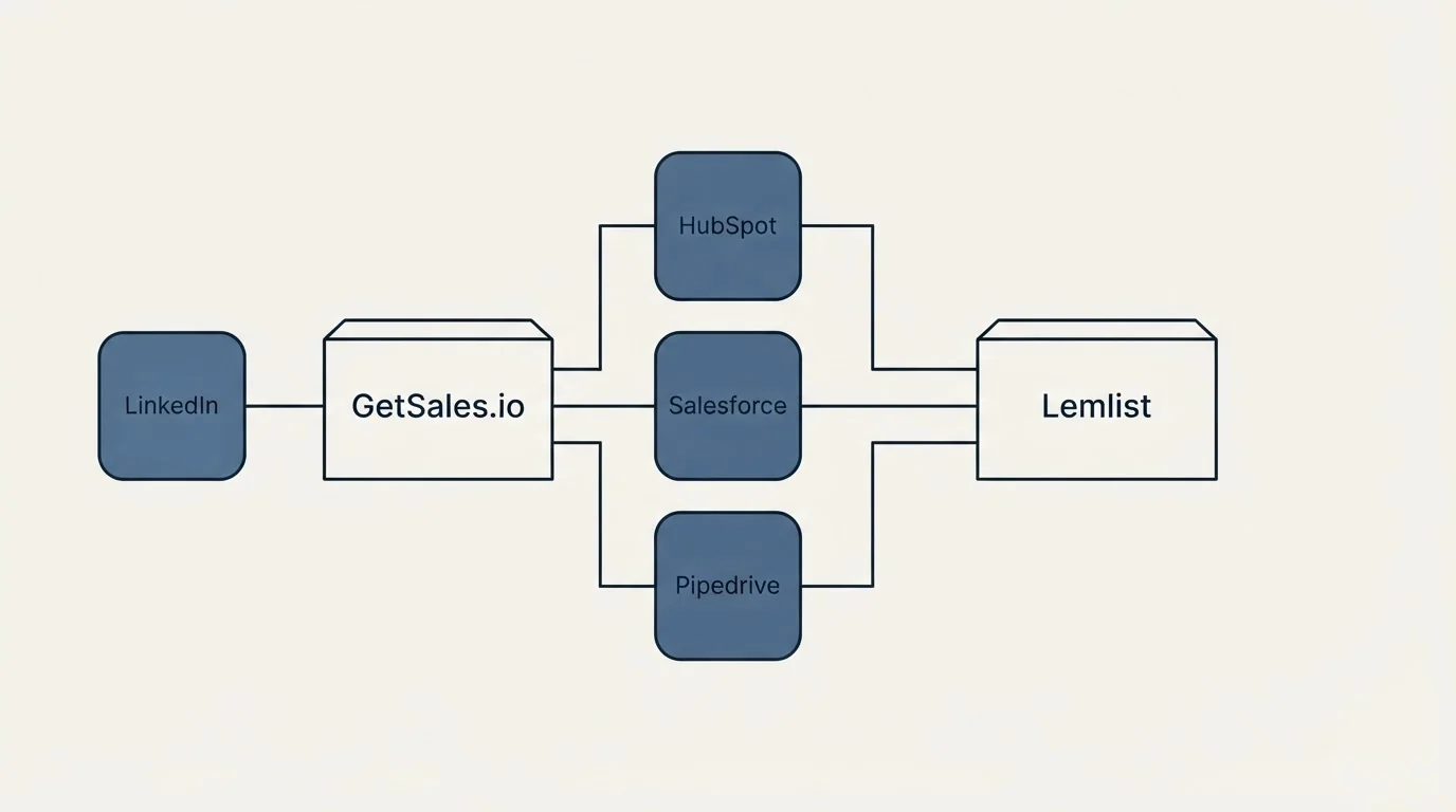 Integration flow: Integration Ecosystem (GetSales.io, Lemlist, HubSpot, Salesforce)