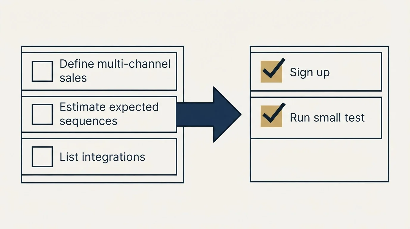 Before-and-after steps: Getting Started Checklist (Define multi-channel sales, Estimate expected sequences, List integrations, Sign up)