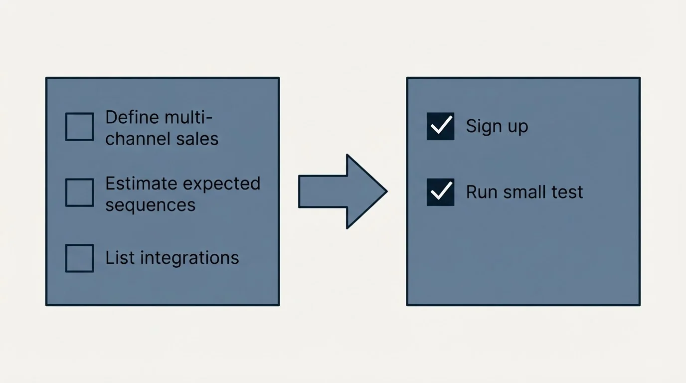 Before-and-after steps: Getting Started Checklist (Define multi-channel sales, Estimate expected sequences, List integrations, Sign up)