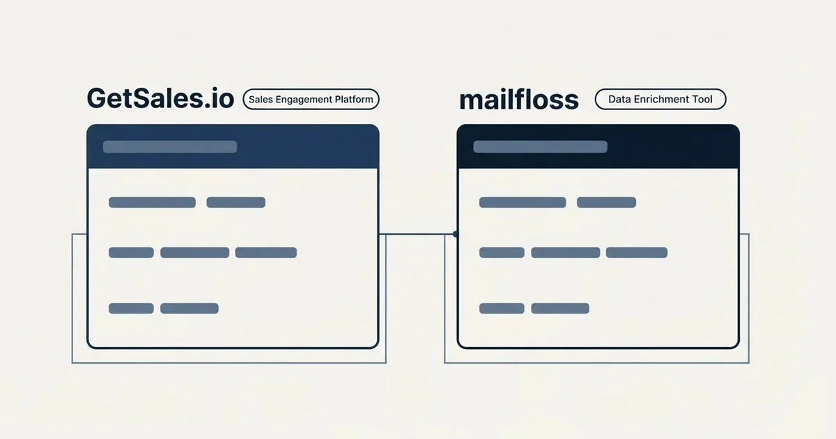 Side-by-side panels: GetSales.io vs mailfloss (Sales Engagement Platform, Data Enrichment Tool)