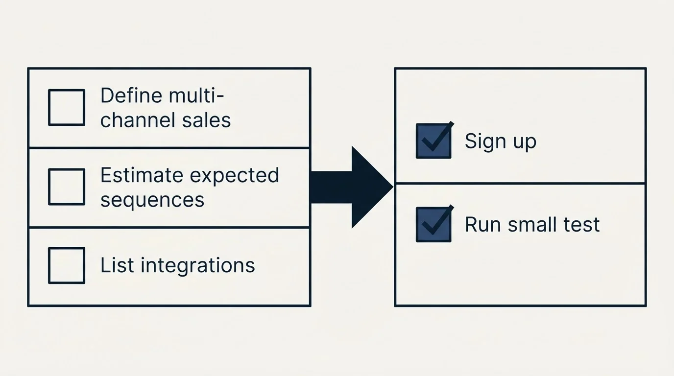 Before-and-after steps: Getting Started Checklist (Define multi-channel sales, Estimate expected sequences, List integrations, Sign up)