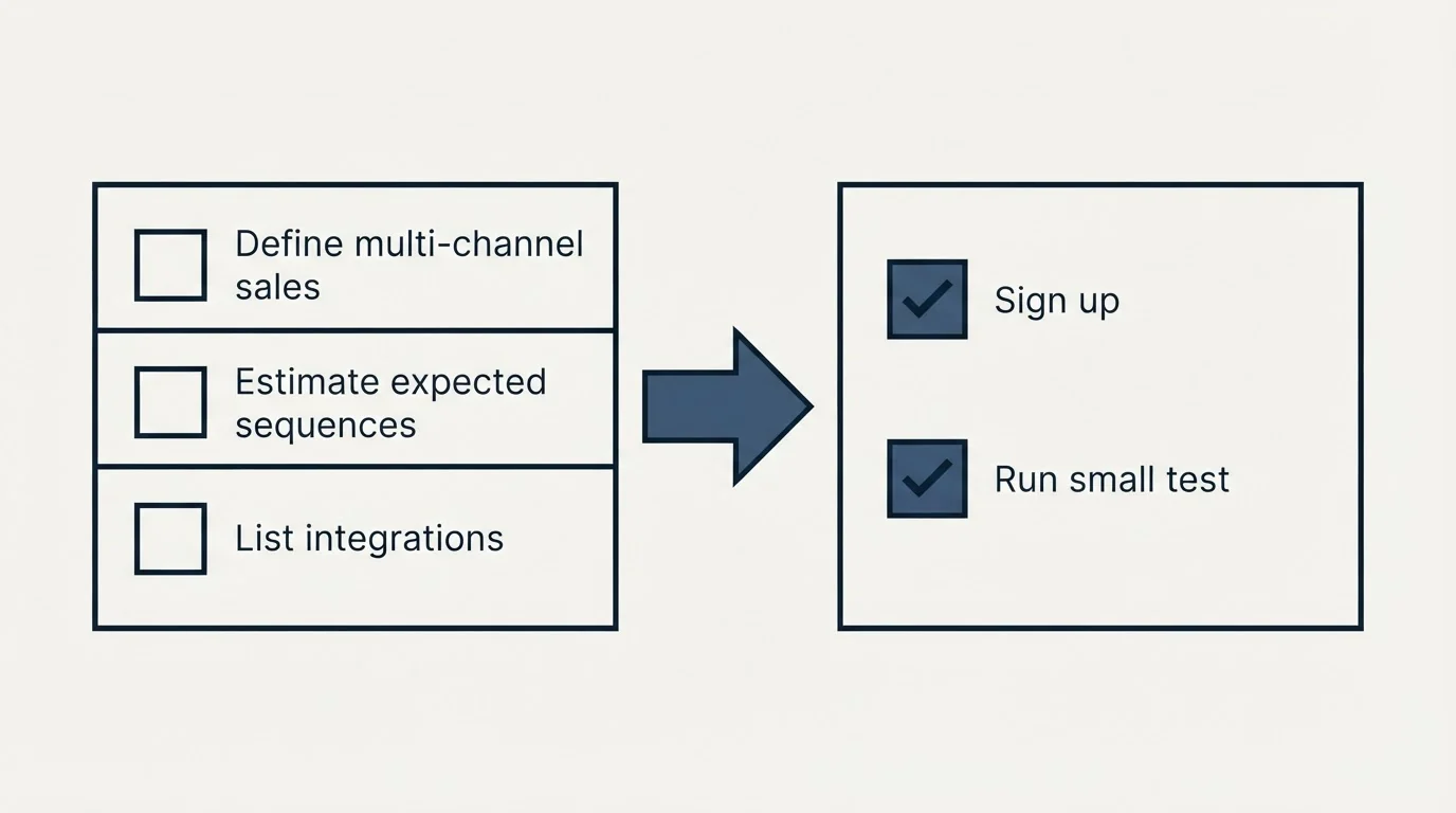 Before-and-after steps: Getting Started Checklist (Define multi-channel sales, Estimate expected sequences, List integrations, Sign up)