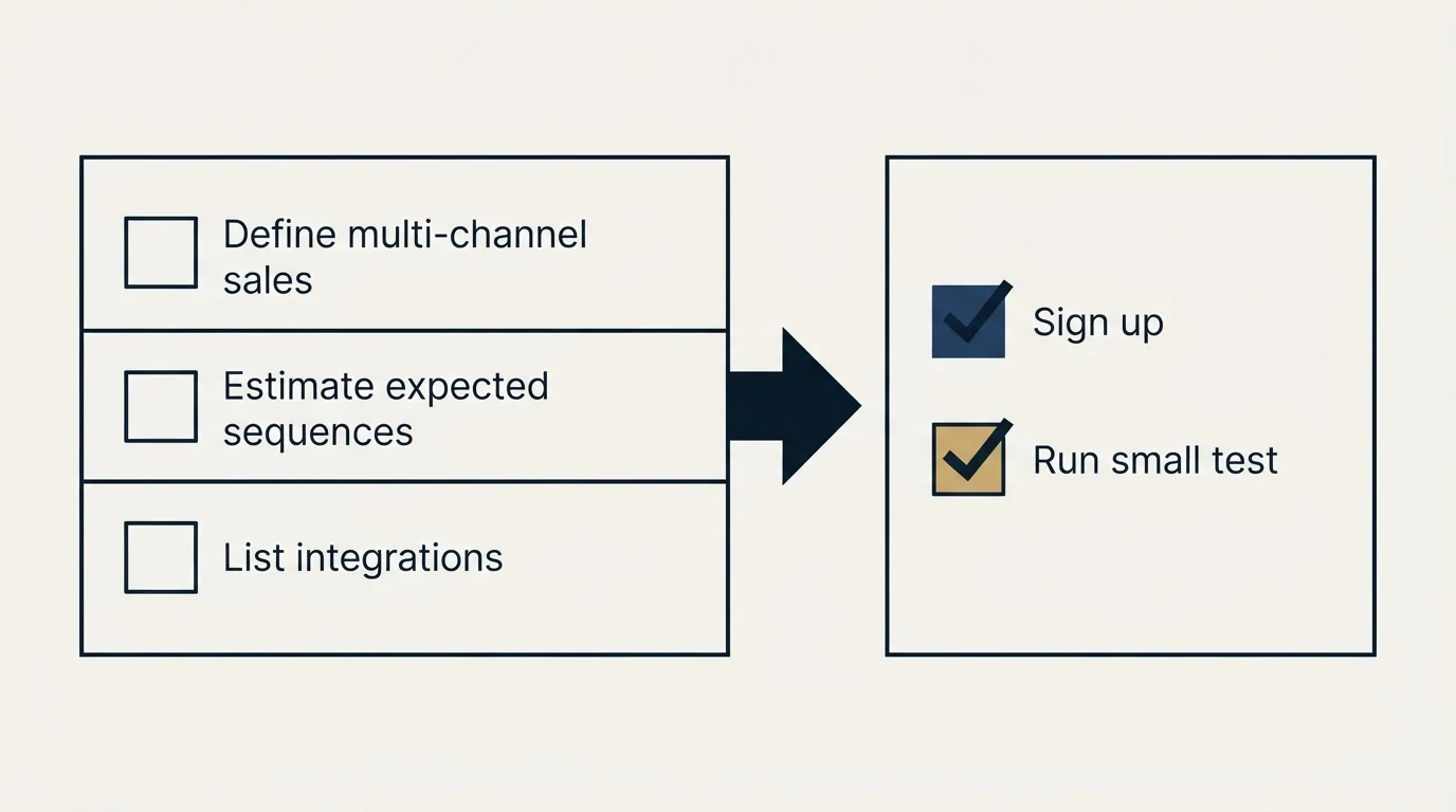 Before-and-after steps: Getting Started Checklist (Define multi-channel sales, Estimate expected sequences, List integrations, Sign up)