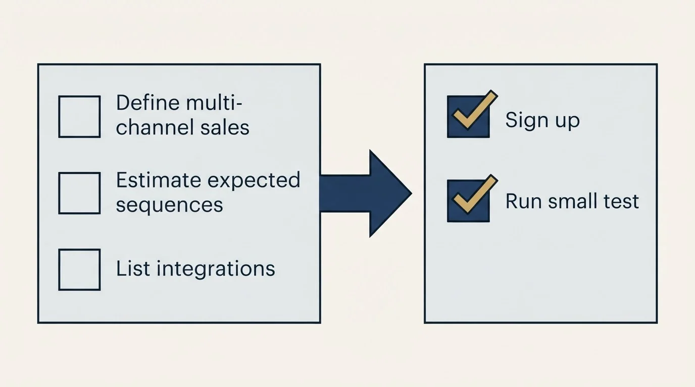 Before-and-after steps: Getting Started Checklist (Define multi-channel sales, Estimate expected sequences, List integrations, Sign up)