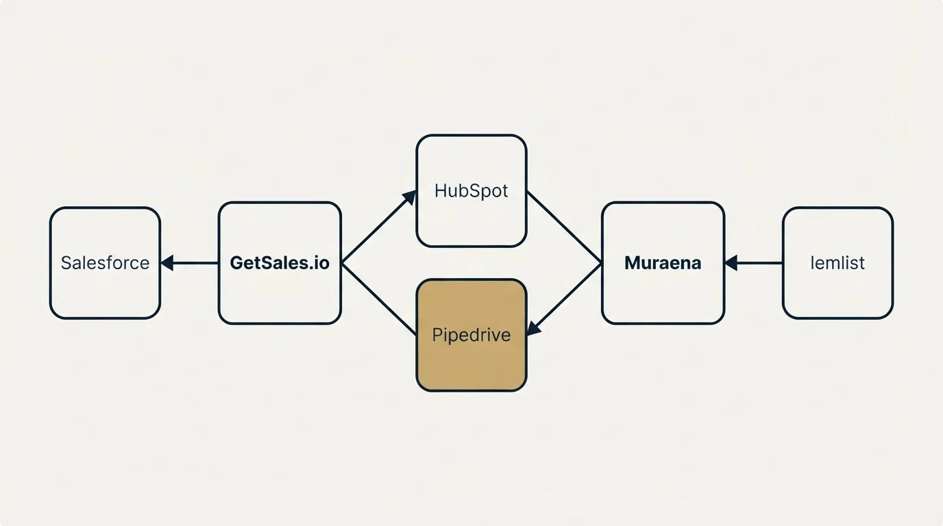 Integration schematic: Integration Ecosystem (GetSales.io, Muraena, HubSpot, Pipedrive)