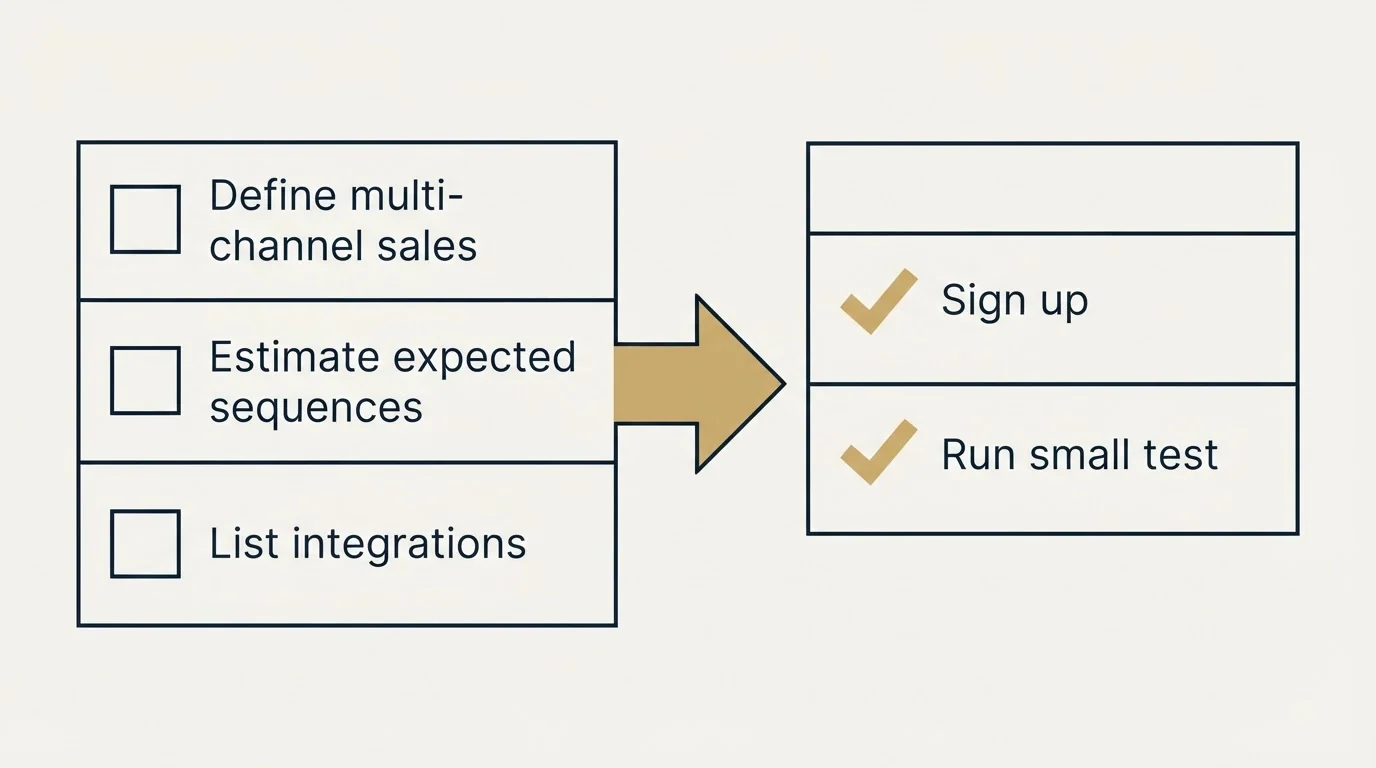 Before-and-after steps: Getting Started Checklist (Define multi-channel sales, Estimate expected sequences, List integrations, Sign up)
