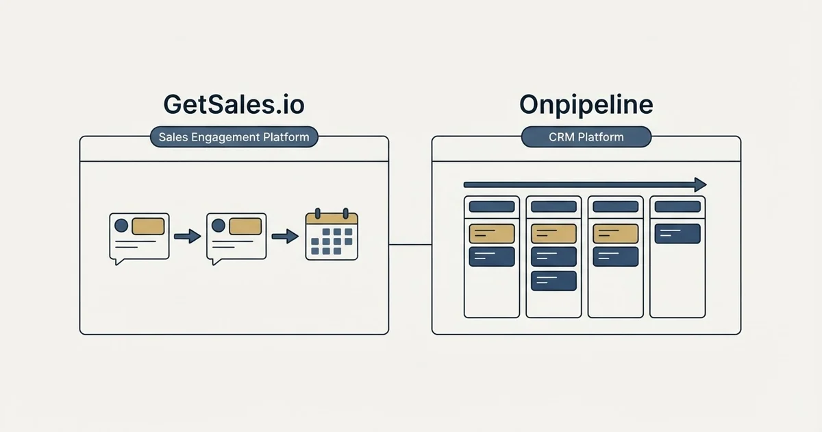 Side-by-side panels: GetSales.io vs Onpipeline (Sales Engagement Platform, CRM Platform)