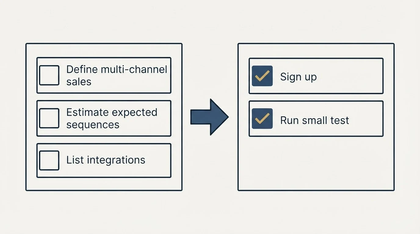 Before-and-after steps: Getting Started Checklist (Define multi-channel sales, Estimate expected sequences, List integrations, Sign up)