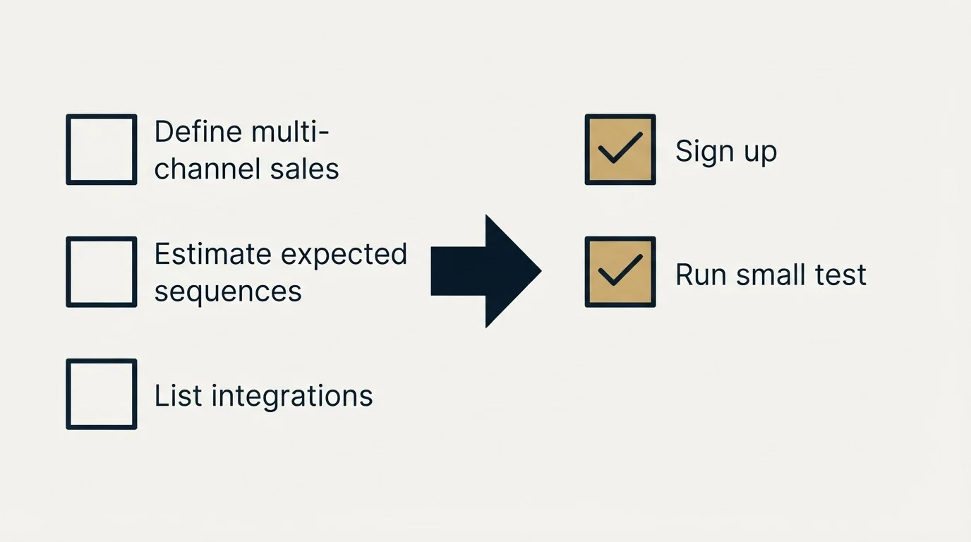 Before-and-after steps: Getting Started Checklist (Define multi-channel sales, Estimate expected sequences, List integrations, Sign up)