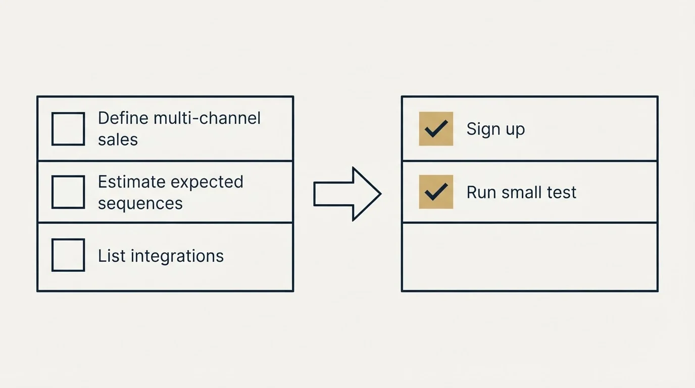 Before-and-after steps: Getting Started Checklist (Define multi-channel sales, Estimate expected sequences, List integrations, Sign up)