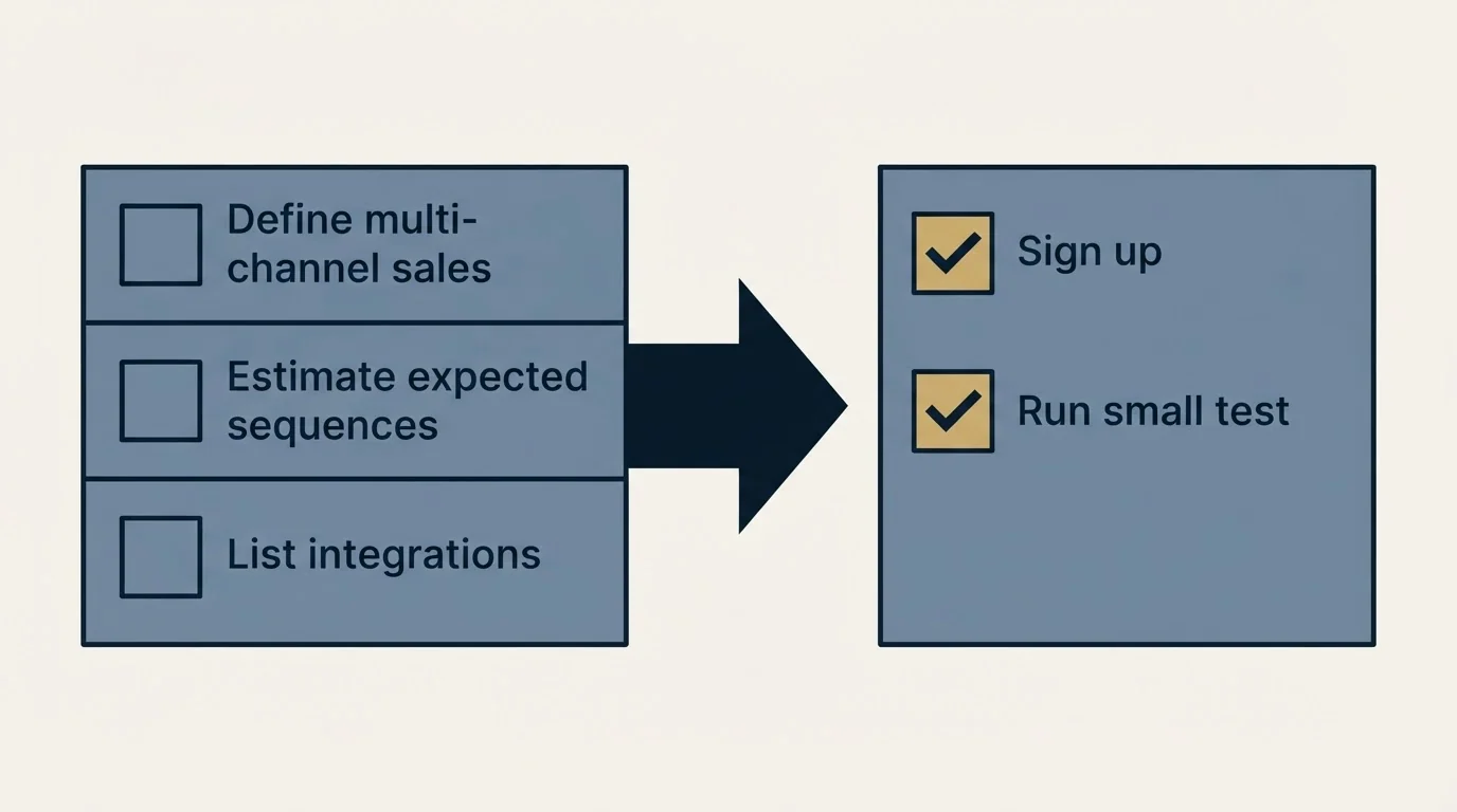 Before-and-after steps: Getting Started Checklist (Define multi-channel sales, Estimate expected sequences, List integrations, Sign up)