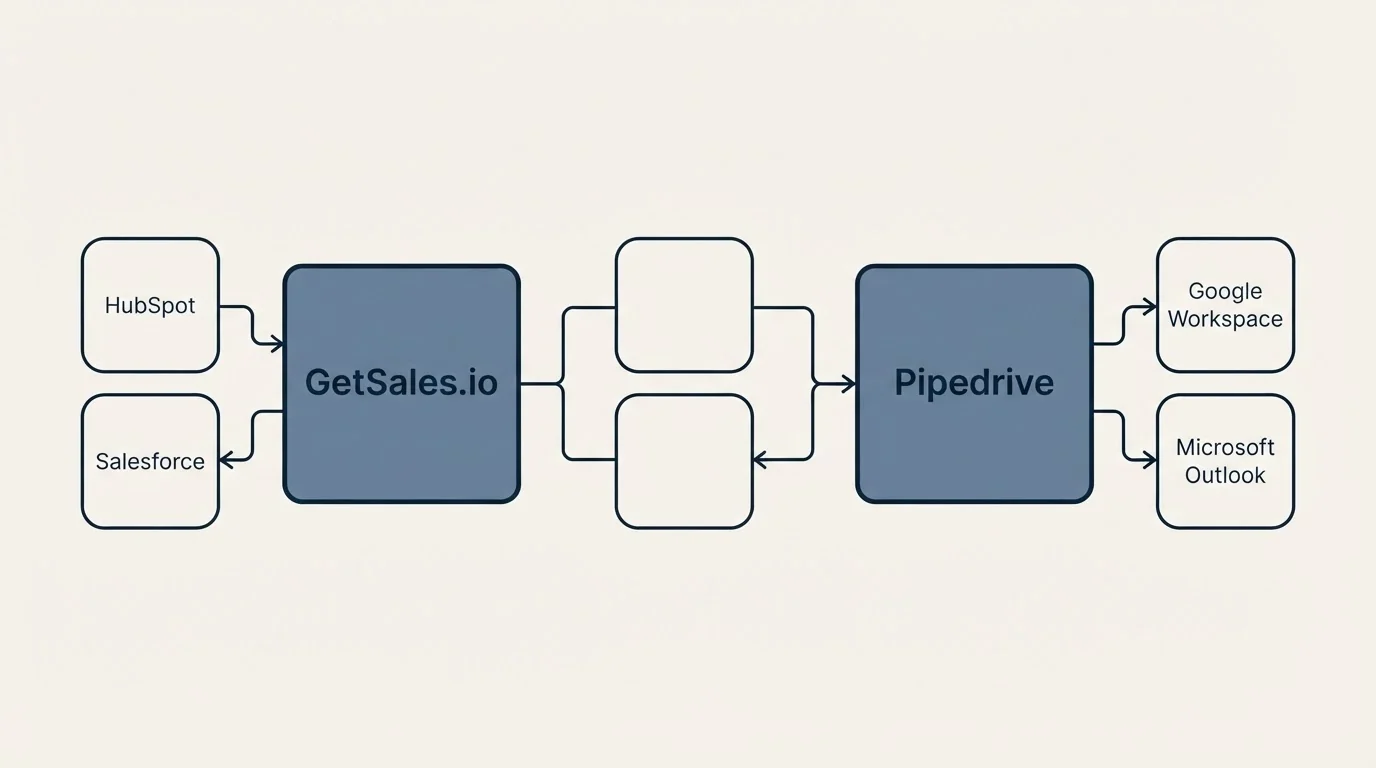 Integration schematic: Integration Ecosystem (GetSales.io, Pipedrive, HubSpot, Google Workspace)