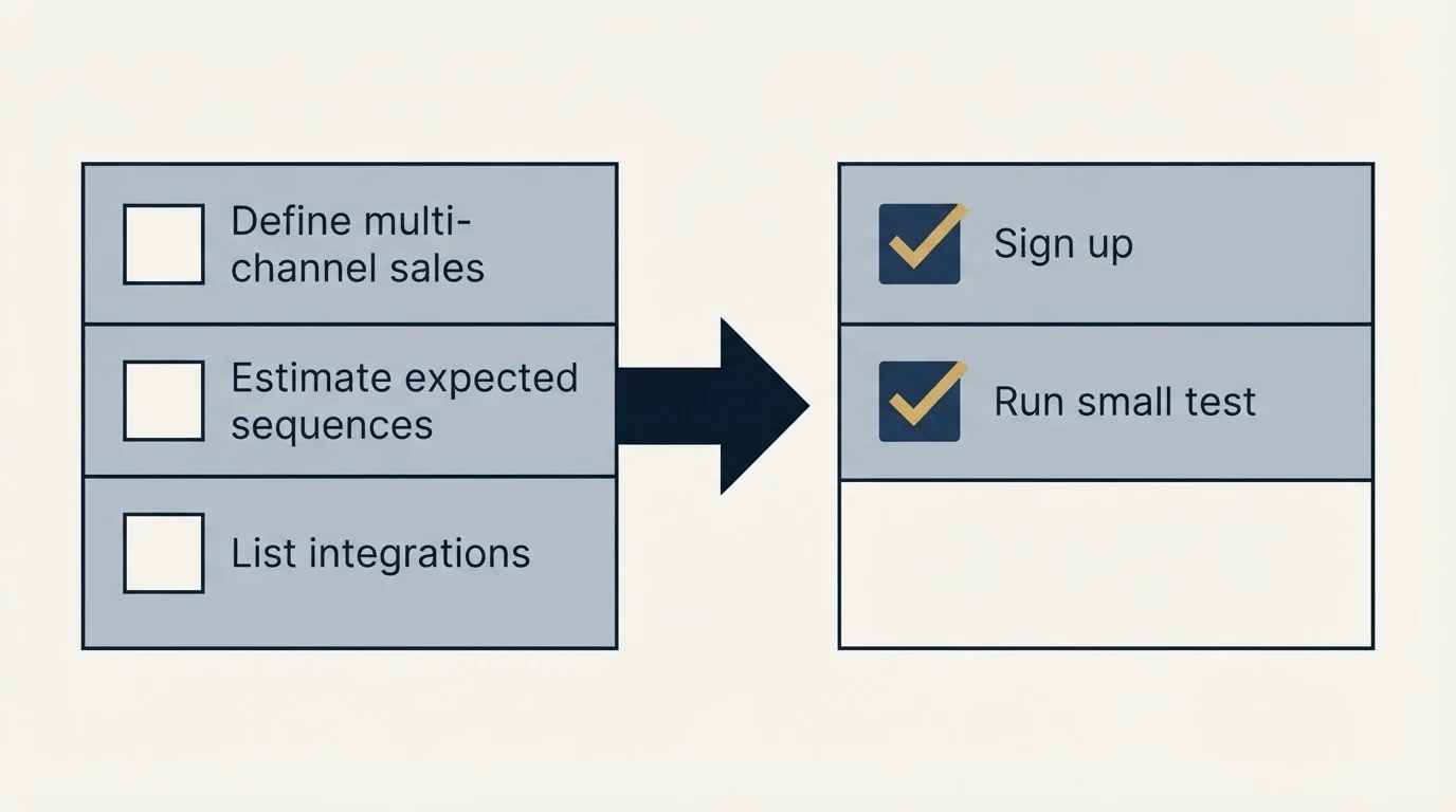 Before-and-after steps: Getting Started Checklist (Define multi-channel sales, Estimate expected sequences, List integrations, Sign up)