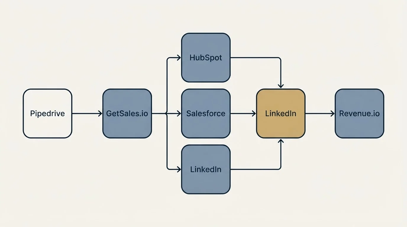 Integration flow: Integration Ecosystem (GetSales.io, Revenue.io, HubSpot, Salesforce)