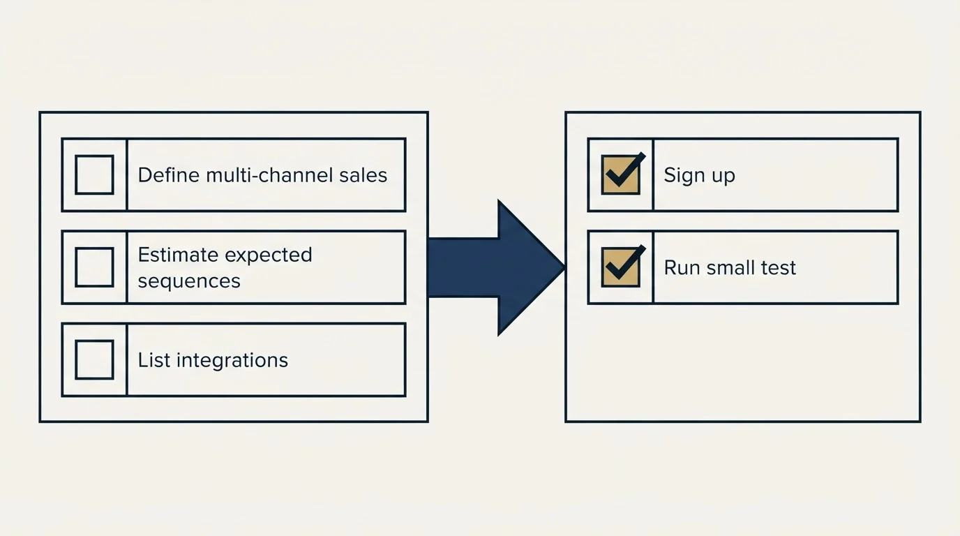Before-and-after steps: Getting Started Checklist (Define multi-channel sales, Estimate expected sequences, List integrations, Sign up)
