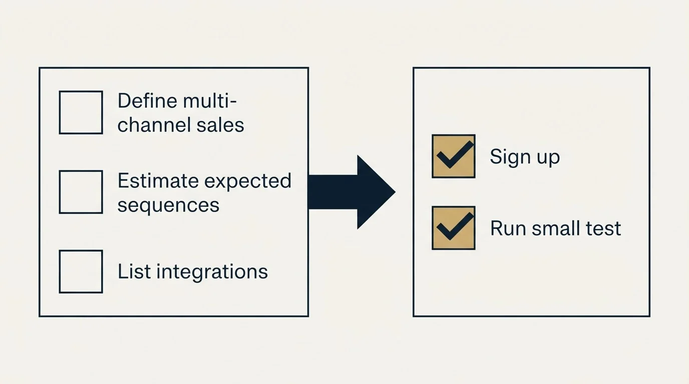 Before-and-after steps: Getting Started Checklist (Define multi-channel sales, Estimate expected sequences, List integrations, Sign up)