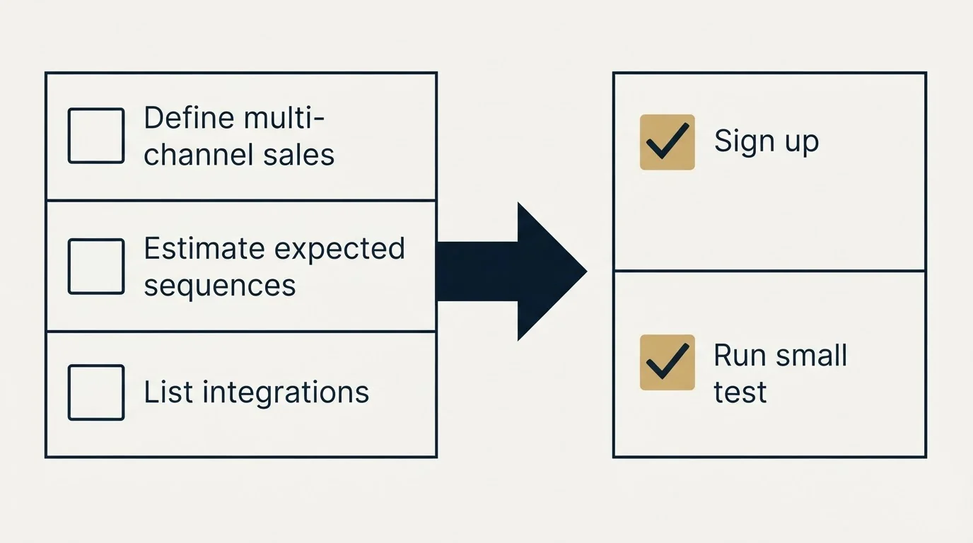 Before-and-after steps: Getting Started Checklist (Define multi-channel sales, Estimate expected sequences, List integrations, Sign up)