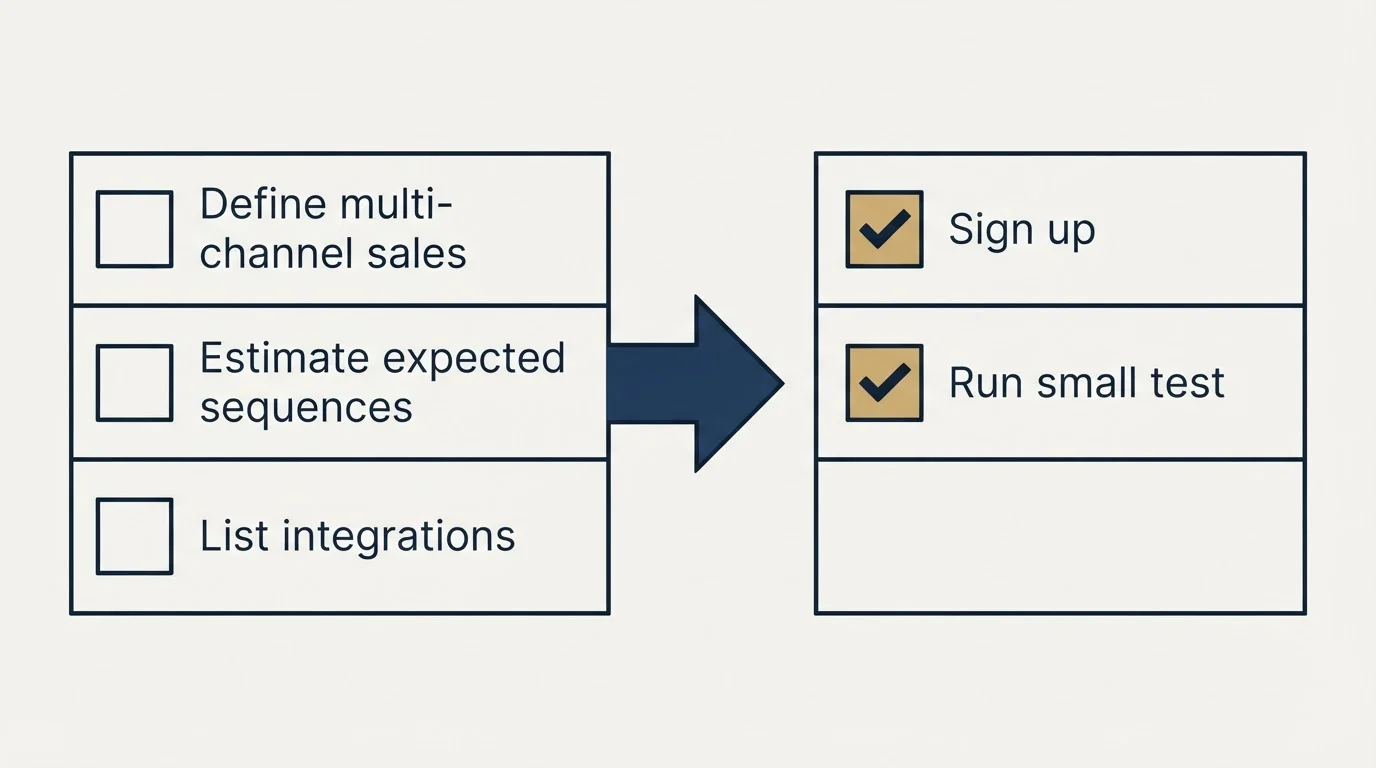 Before-and-after steps: Getting Started Checklist (Define multi-channel sales, Estimate expected sequences, List integrations, Sign up)