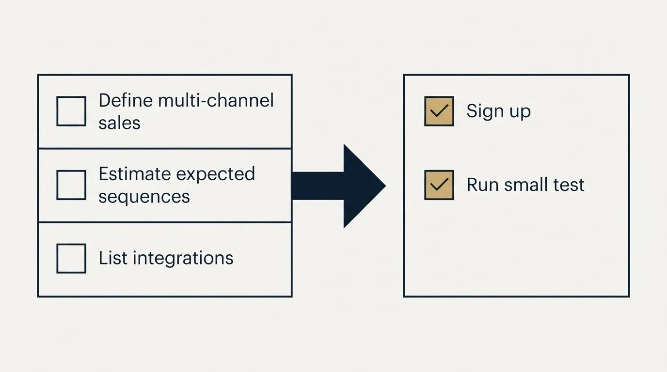 Before-and-after steps: Getting Started Checklist (Define multi-channel sales, Estimate expected sequences, List integrations, Sign up)