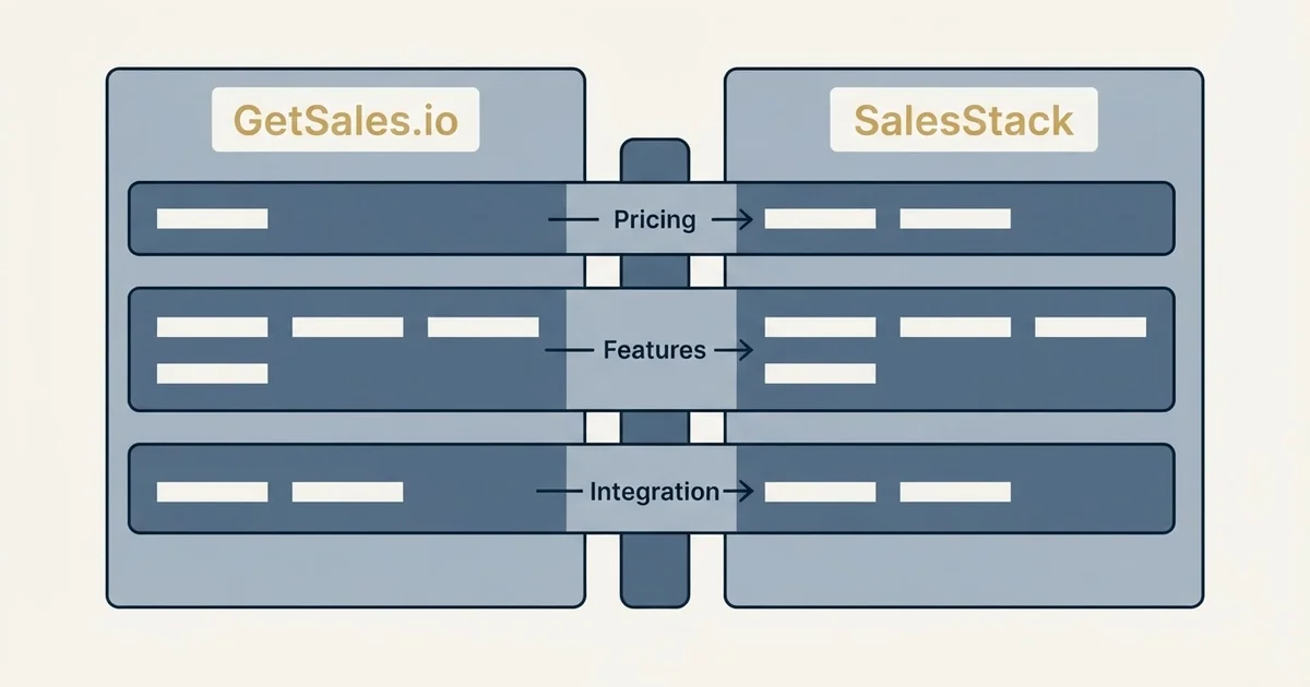 Comparison panel: GetSales.io vs SalesStack (Pricing, Features, Integration)