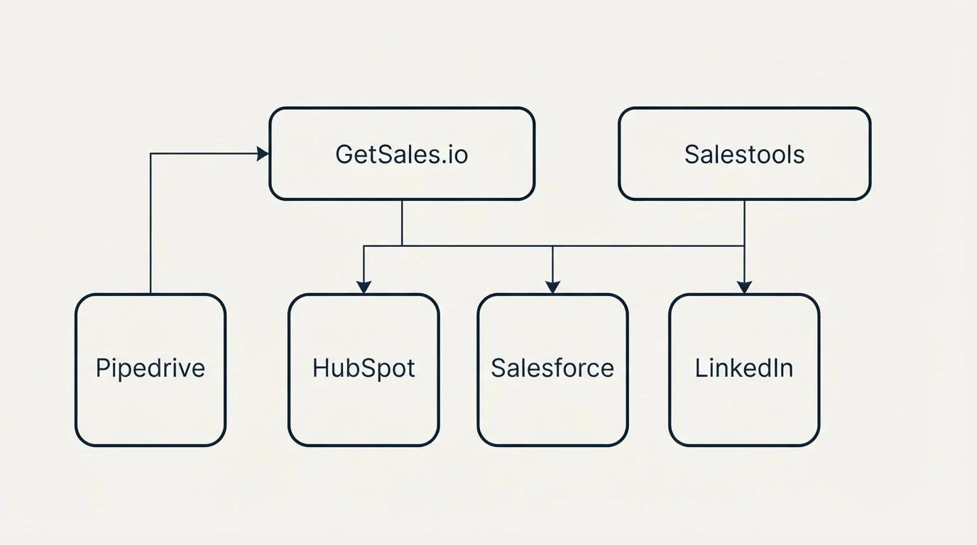 Integration grid: Integration Ecosystem (GetSales.io, Salestools, HubSpot, Salesforce)