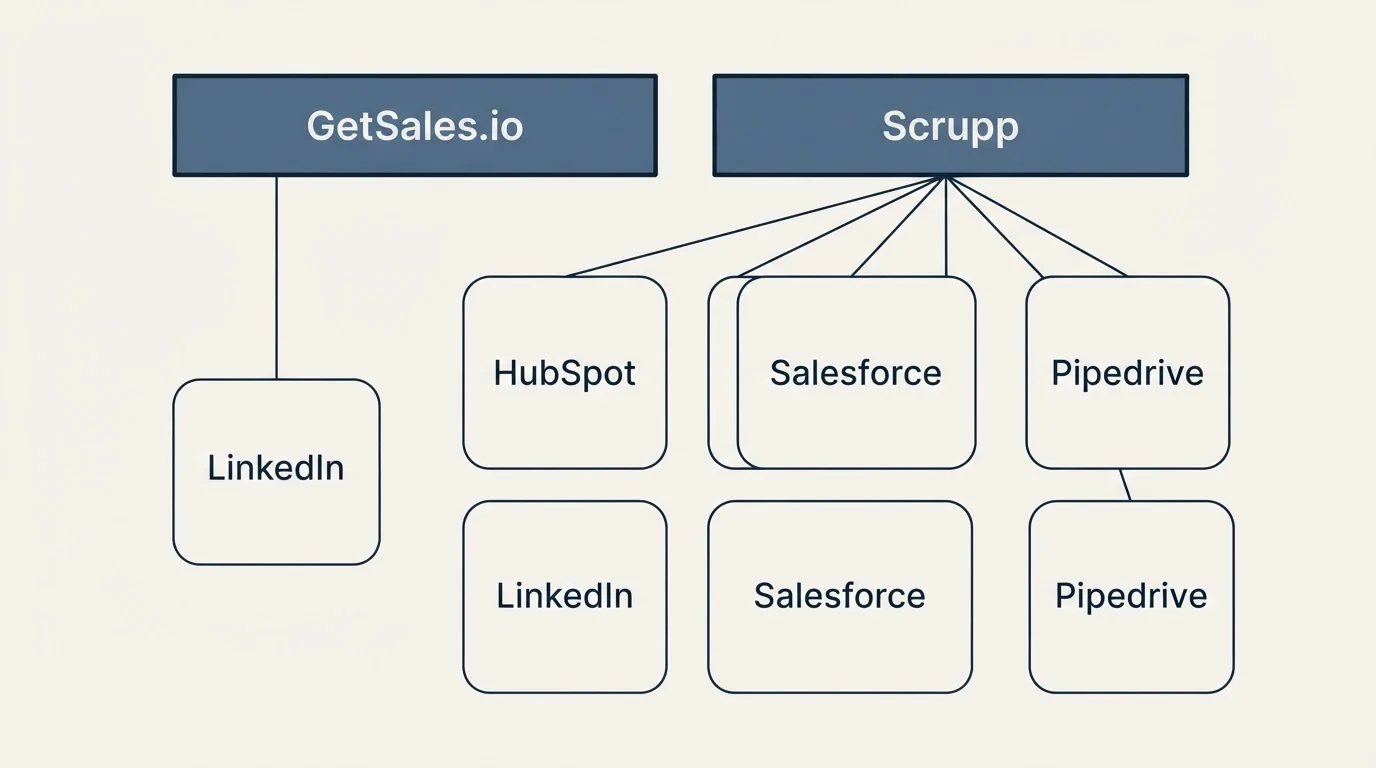 Integration grid: Integration Ecosystem (GetSales.io, Scrupp, HubSpot, Salesforce)