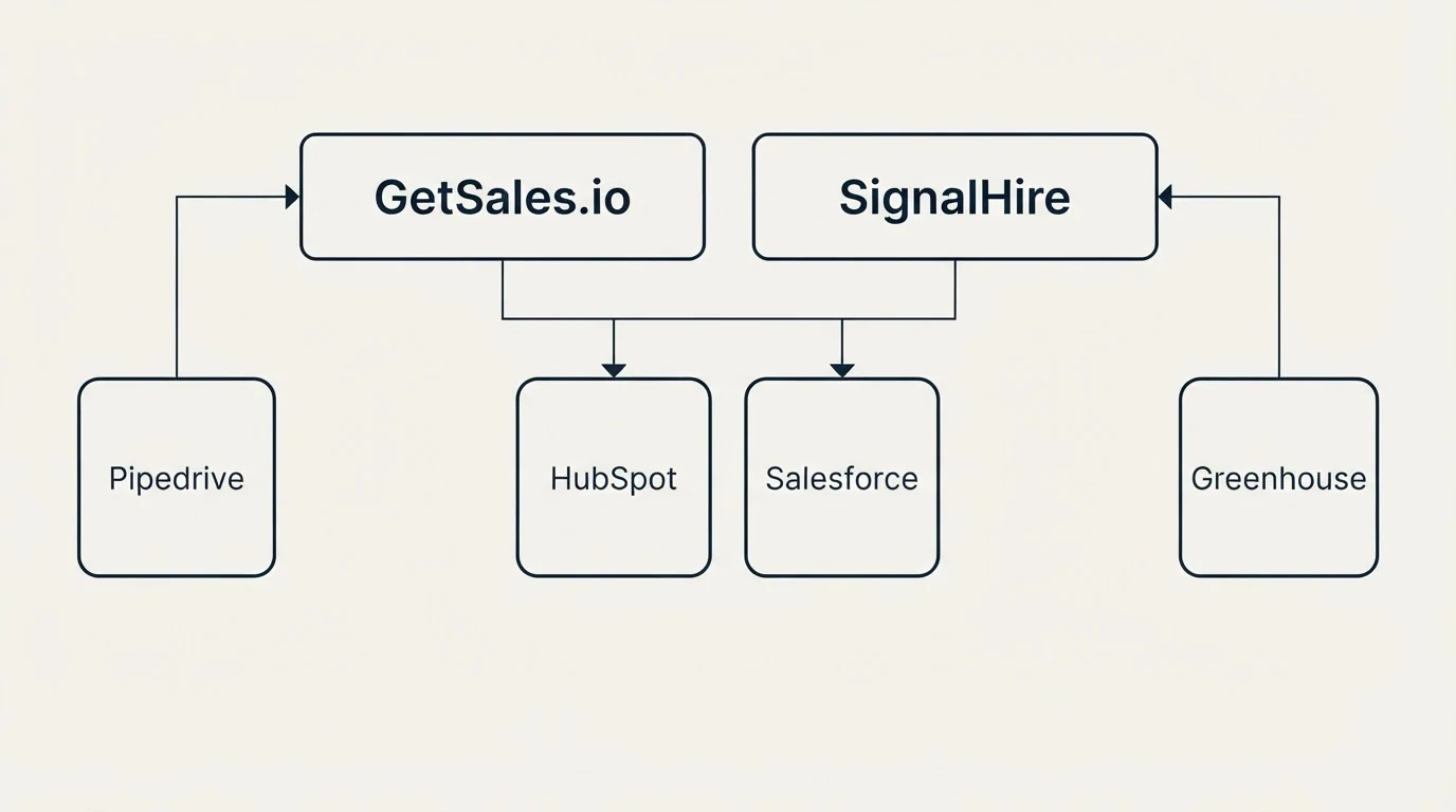 Integration grid: Integration Ecosystem (GetSales.io, SignalHire, HubSpot, Salesforce)