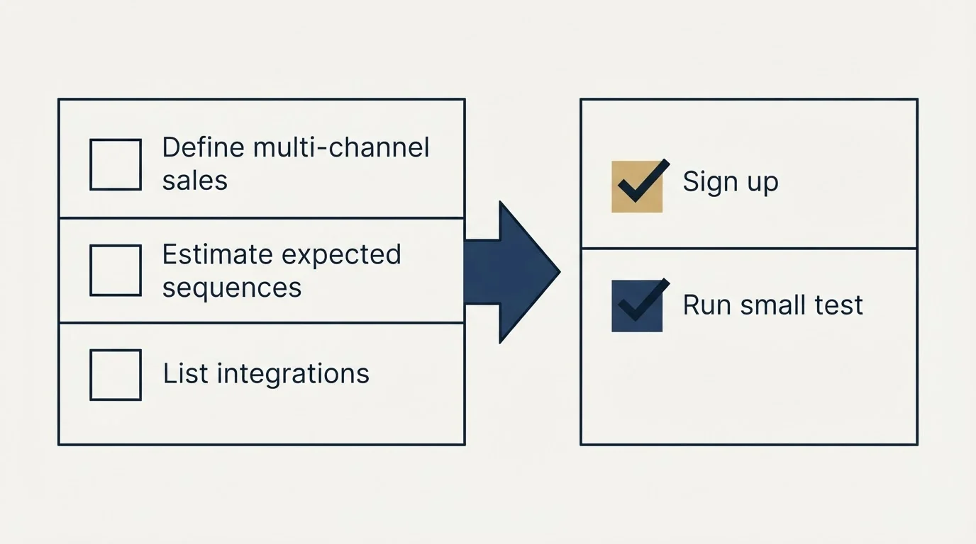 Before-and-after steps: Getting Started Checklist (Define multi-channel sales, Estimate expected sequences, List integrations, Sign up)
