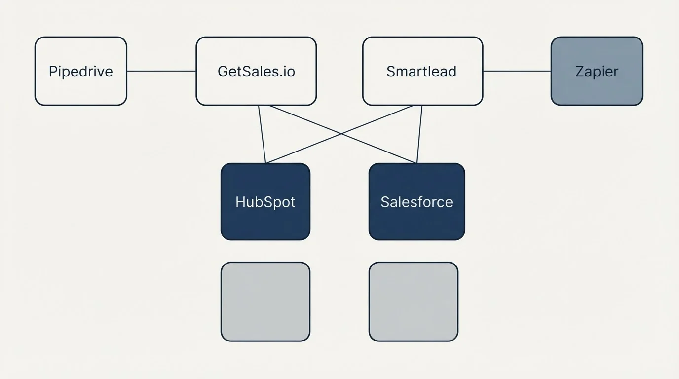 Integration grid: Integration Ecosystem (GetSales.io, Smartlead, HubSpot, Salesforce)