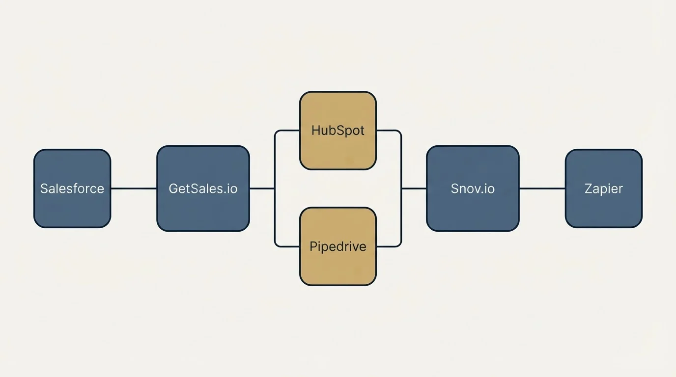 Integration flow: Integration Ecosystem (GetSales.io, Snov.io, HubSpot, Pipedrive)