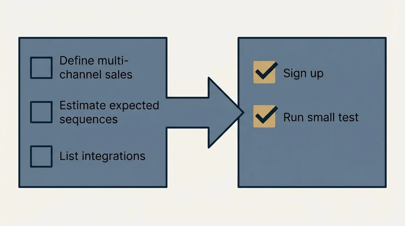 Before-and-after steps: Getting Started Checklist (Define multi-channel sales, Estimate expected sequences, List integrations, Sign up)