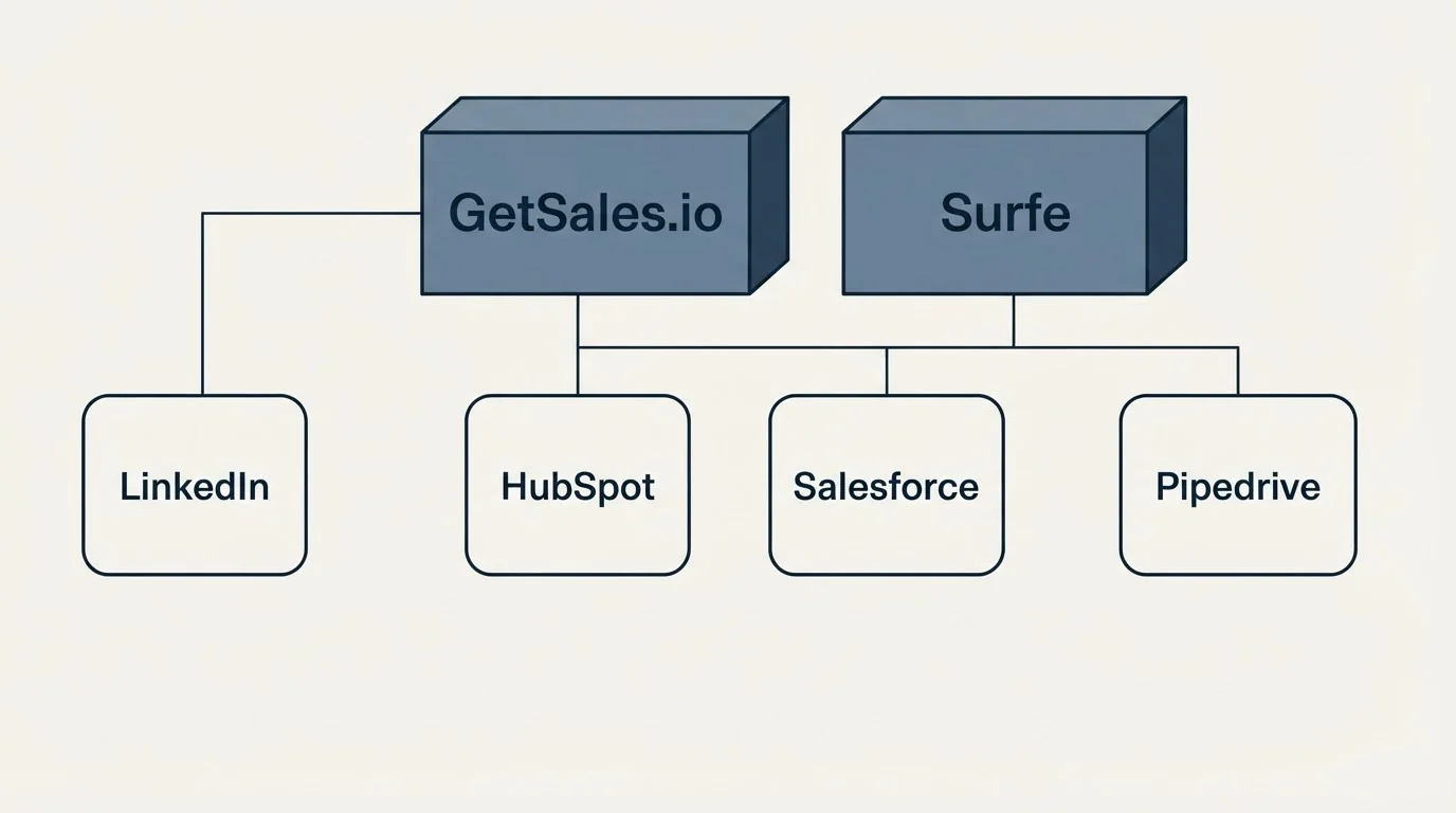 Integration grid: Integration Ecosystem (GetSales.io, Surfe, HubSpot, Salesforce)