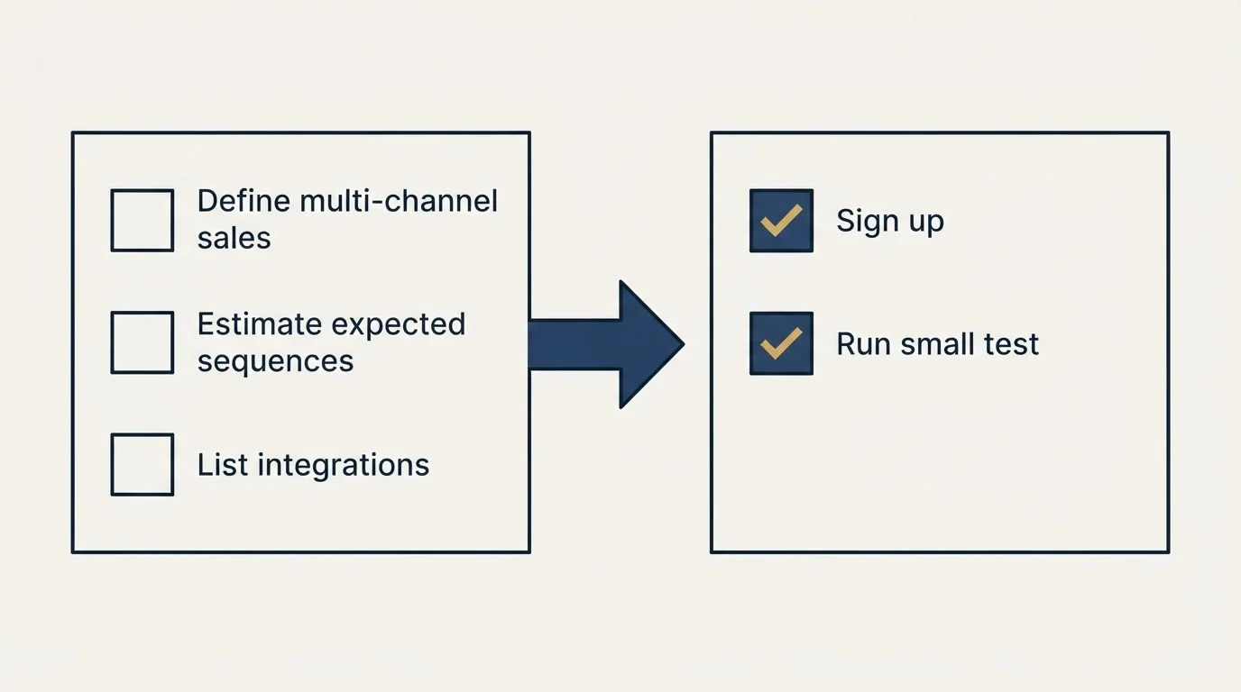 Before-and-after steps: Getting Started Checklist (Define multi-channel sales, Estimate expected sequences, List integrations, Sign up)